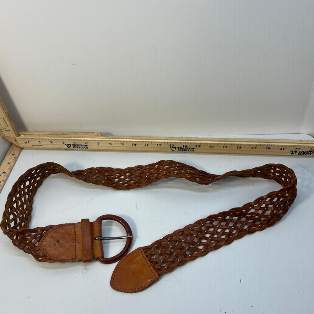 Women's Vintage Brown Woven Leather Belt Handmade Boho Western Hand Braided - Picture 4 of 6
